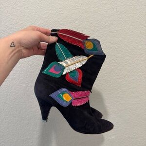 Paradox Black Heeled Boots with Colorful Feather Accents